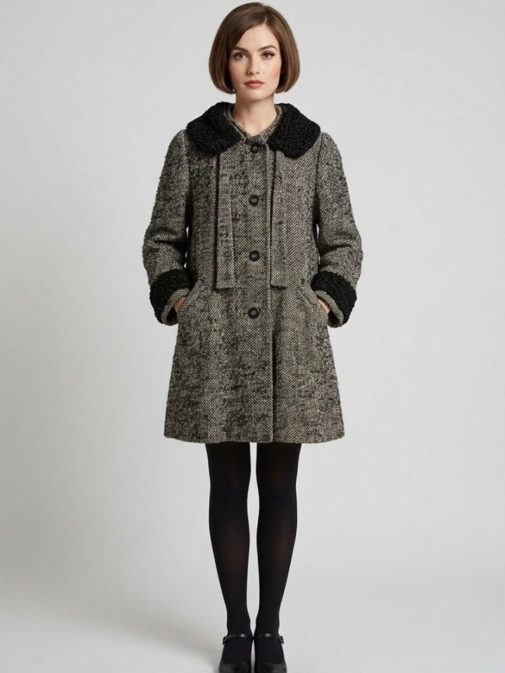 Kapmoor NY 1960s Swing Coat Black White Tweed Astrakhan Collar & Cuffs | Size M
